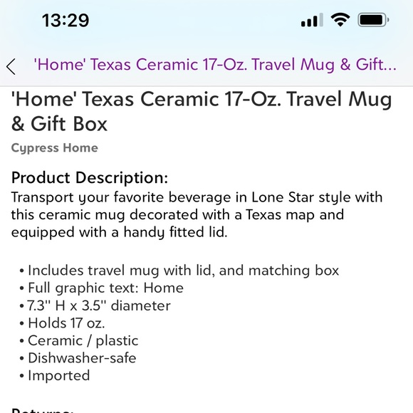 Cypress Home- Texas map "Home" ceramic travel mug and matching gift box 17oz NEW - Picture 5 of 5